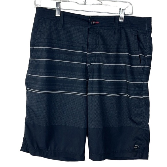 O'Neill Shorts Men's 32 Black & Gray Striped Lightweight Zip Inside Drawstring - Picture 1 of 16